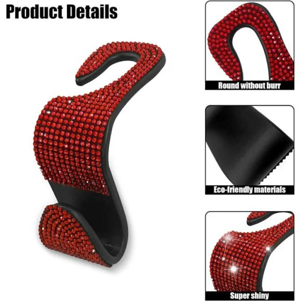 Bling Car Seat Hooks  Red (2 Pack) Bling Rhinestones Crystal Hanger Organizer